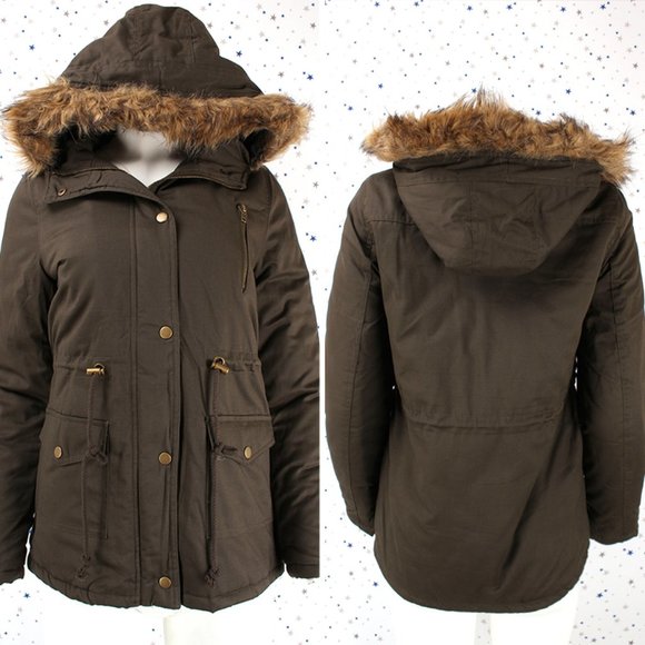 Olive Faux Fur Hooded Utility Parka Jacket - Picture 1 of 7